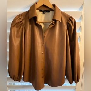 Andrew Marc New York Faux Leather Button Up Puff Sleeve Blouse Size XS
